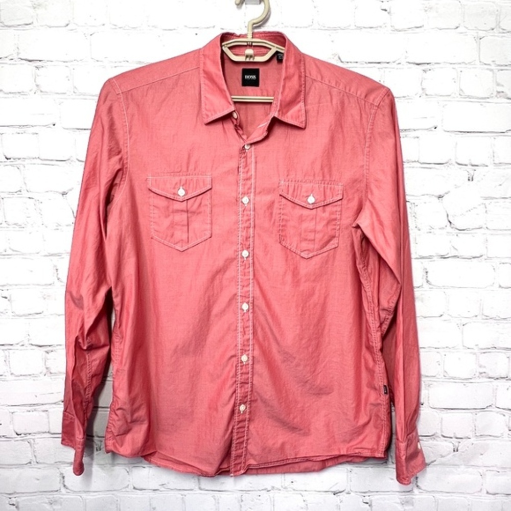 |•BOSS•| Hugo Boss Casual Button Down Shirt Salmon Size Large - Picture 2 of 7